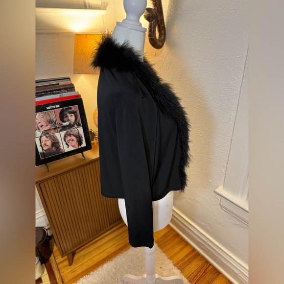 Calvin Klein Feathered Trimmed Cardigan Size Medium Sexy Black Going Out Top - Picture 5 of 11